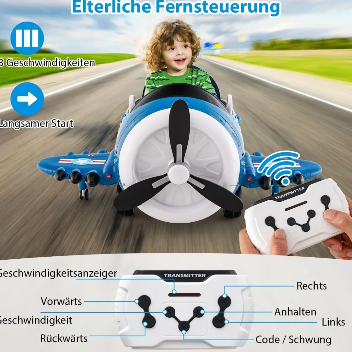 Kinder Elektroauto im Flugzeug-Look Elektroflugzeug Aufsitz mit Fernsteuerung Blau