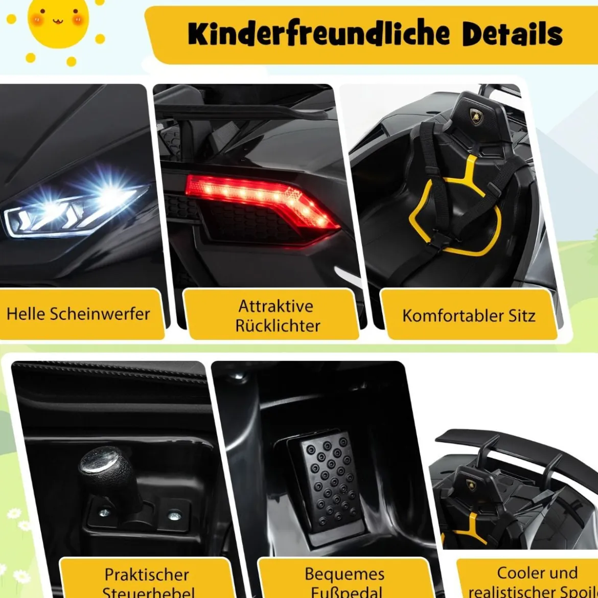 Kinder Elektroauto Lamborghini 12V Kinderauto Elektrisch mit Fernbedienung Schwarz/Rosa/Gelb