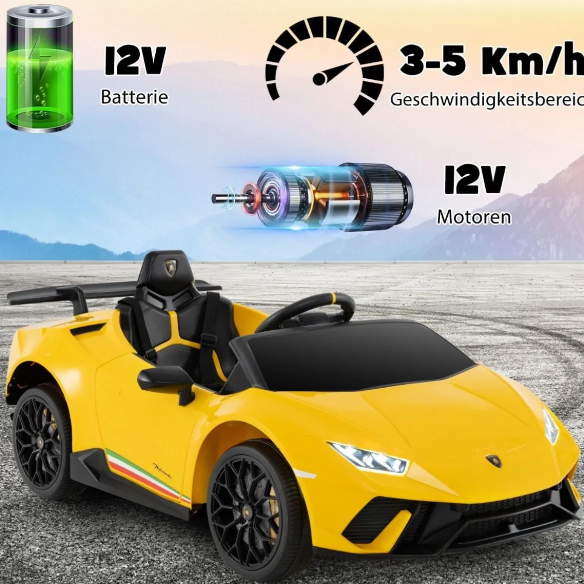 Kinder Elektroauto Lamborghini 12V Kinderauto Elektrisch mit Fernbedienung Schwarz/Rosa/Gelb