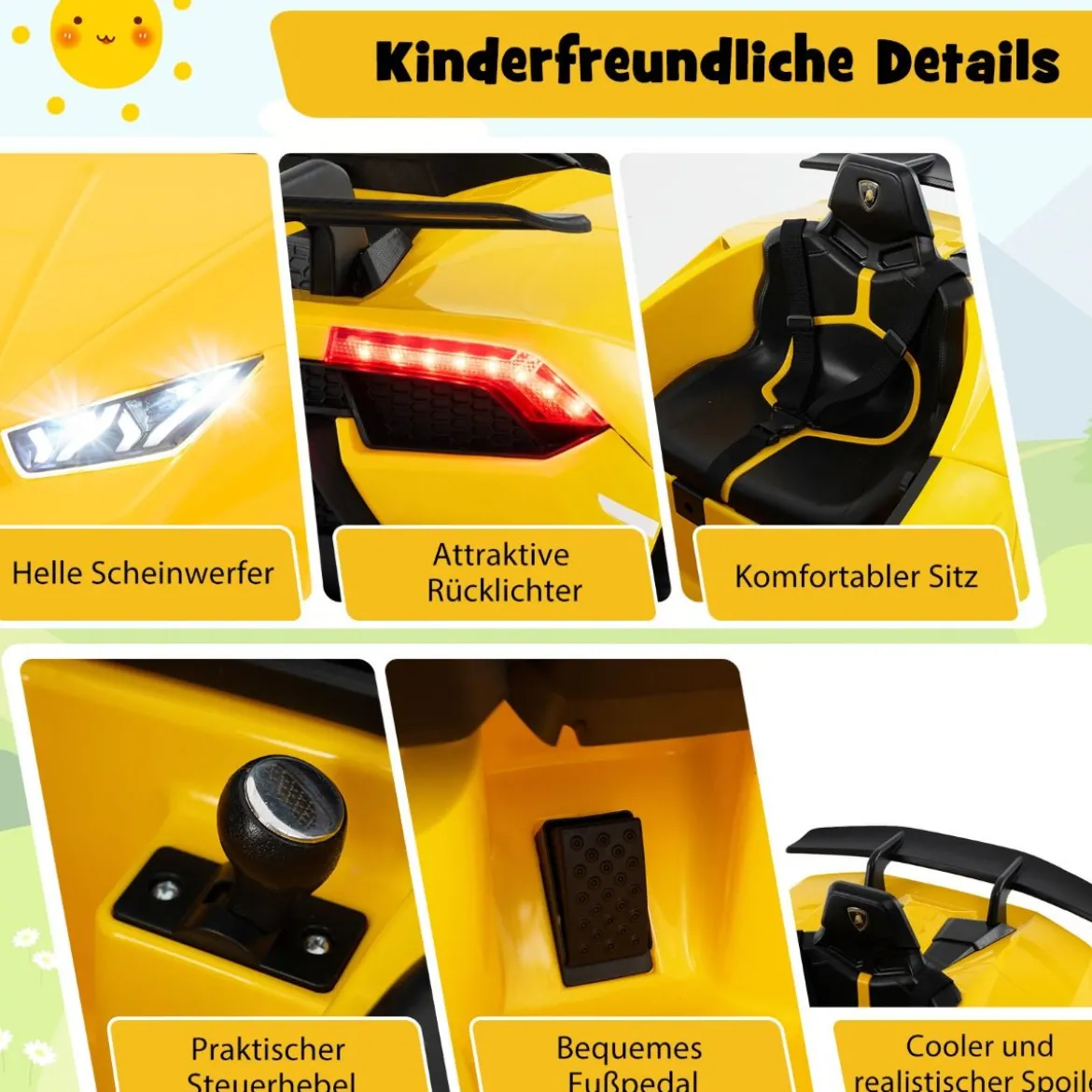 Kinder Elektroauto Lamborghini 12V Kinderauto Elektrisch mit Fernbedienung Schwarz/Rosa/Gelb