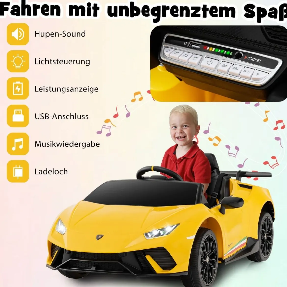 Kinder Elektroauto Lamborghini 12V Kinderauto Elektrisch mit Fernbedienung Schwarz/Rosa/Gelb