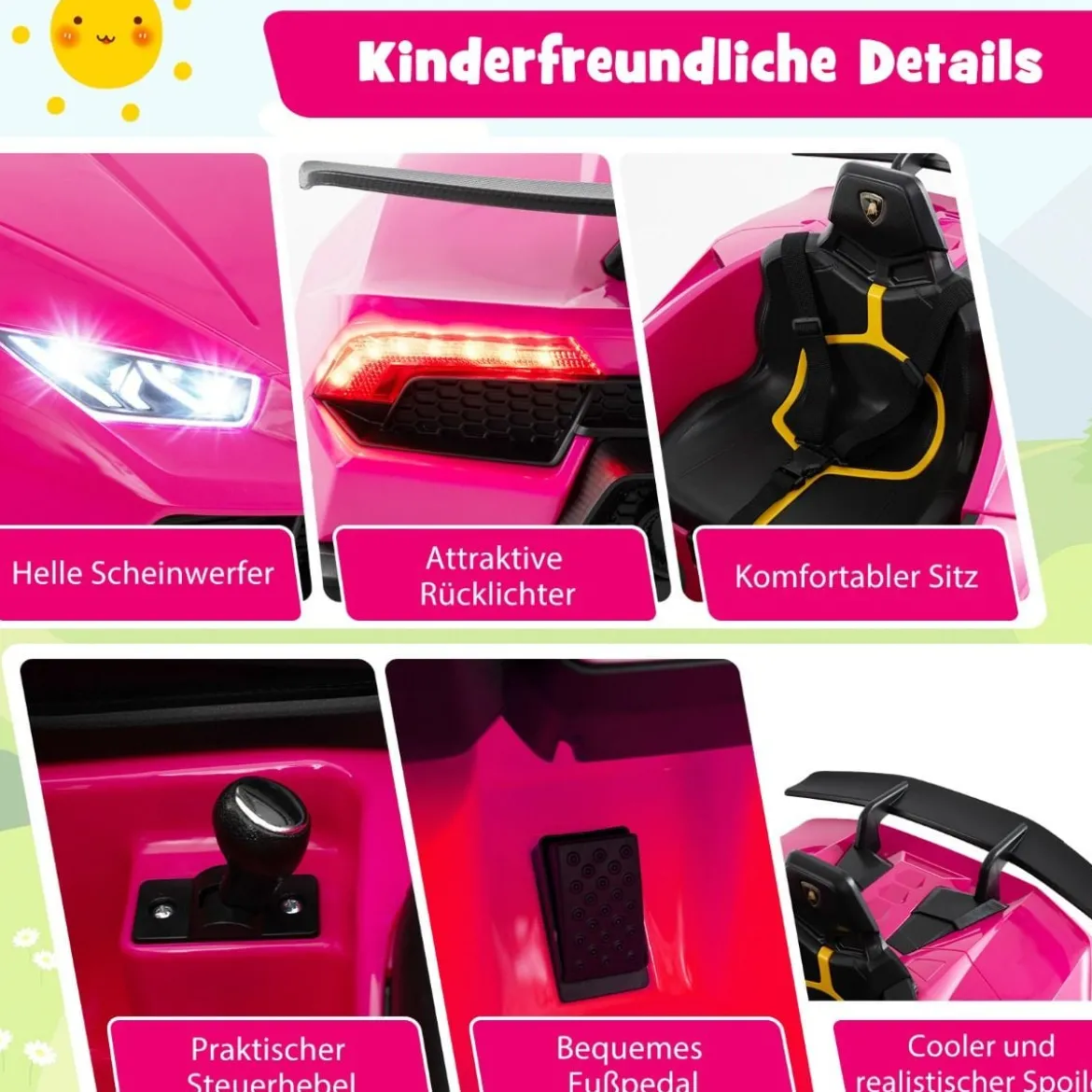 Kinder Elektroauto Lamborghini 12V Kinderauto Elektrisch mit Fernbedienung Schwarz/Rosa/Gelb