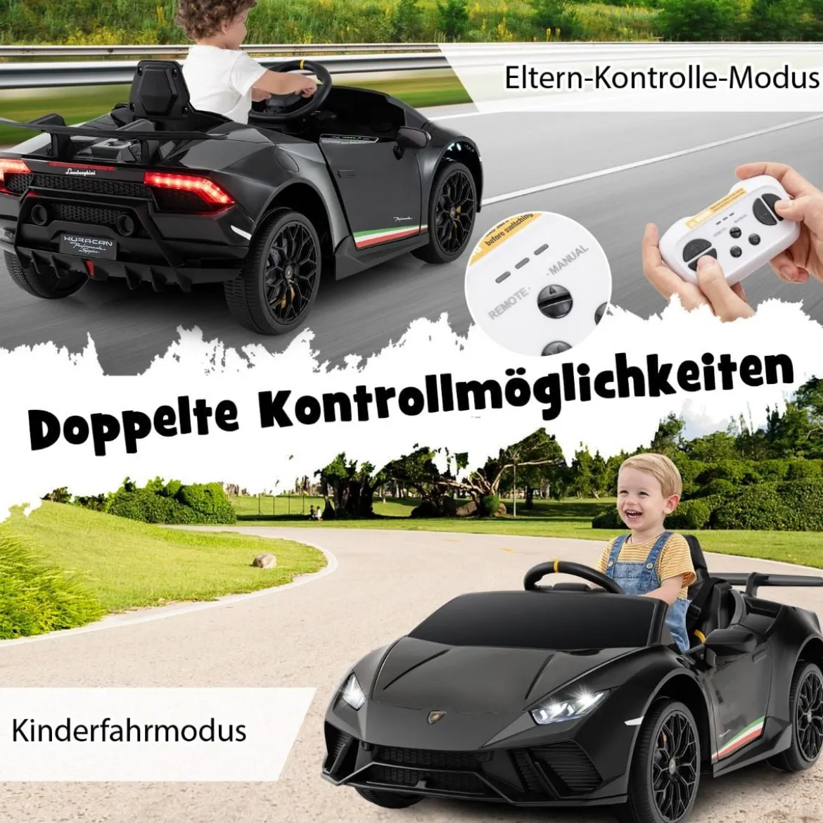 Kinder Elektroauto Lamborghini 12V Kinderauto Elektrisch mit Fernbedienung Schwarz/Rosa/Gelb