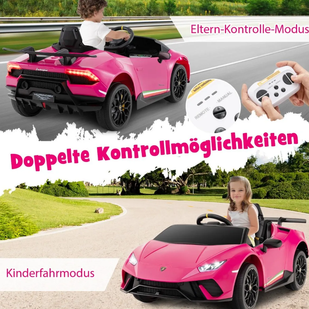 Kinder Elektroauto Lamborghini 12V Kinderauto Elektrisch mit Fernbedienung Schwarz/Rosa/Gelb
