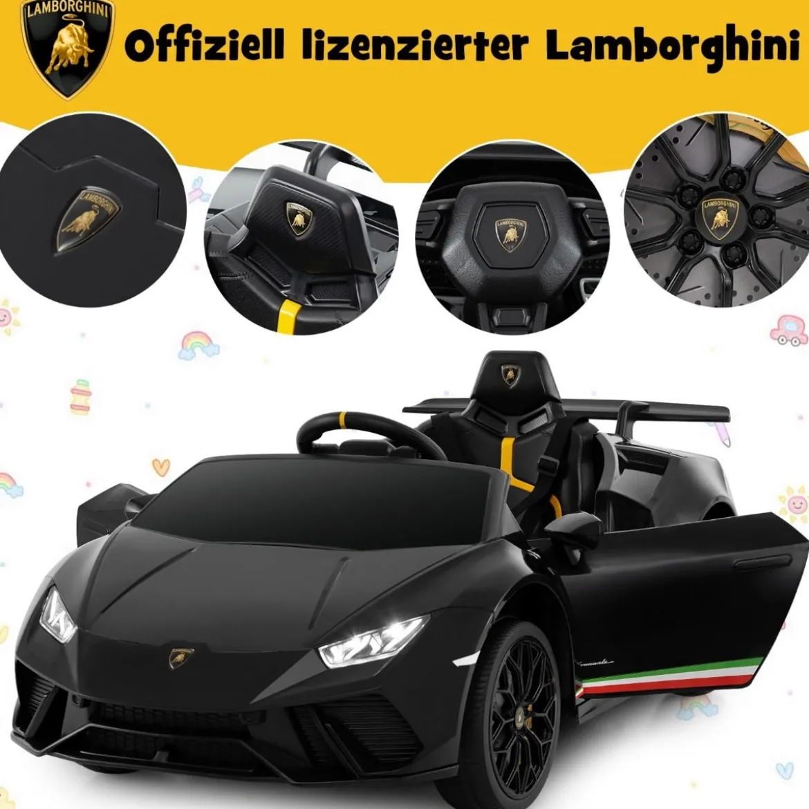Kinder Elektroauto Lamborghini 12V Kinderauto Elektrisch mit Fernbedienung Schwarz/Rosa/Gelb