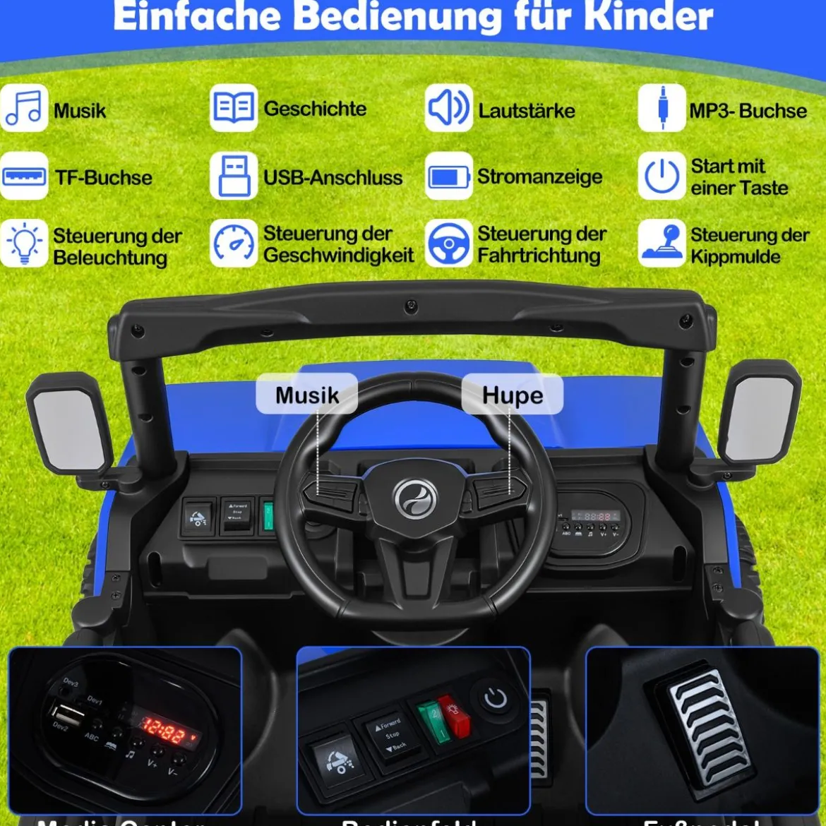 Kinder Elektroauto mit Elektrischer Kippmulde & Fernbedienung 12V Kinderauto Kinderfahrzeug Blau