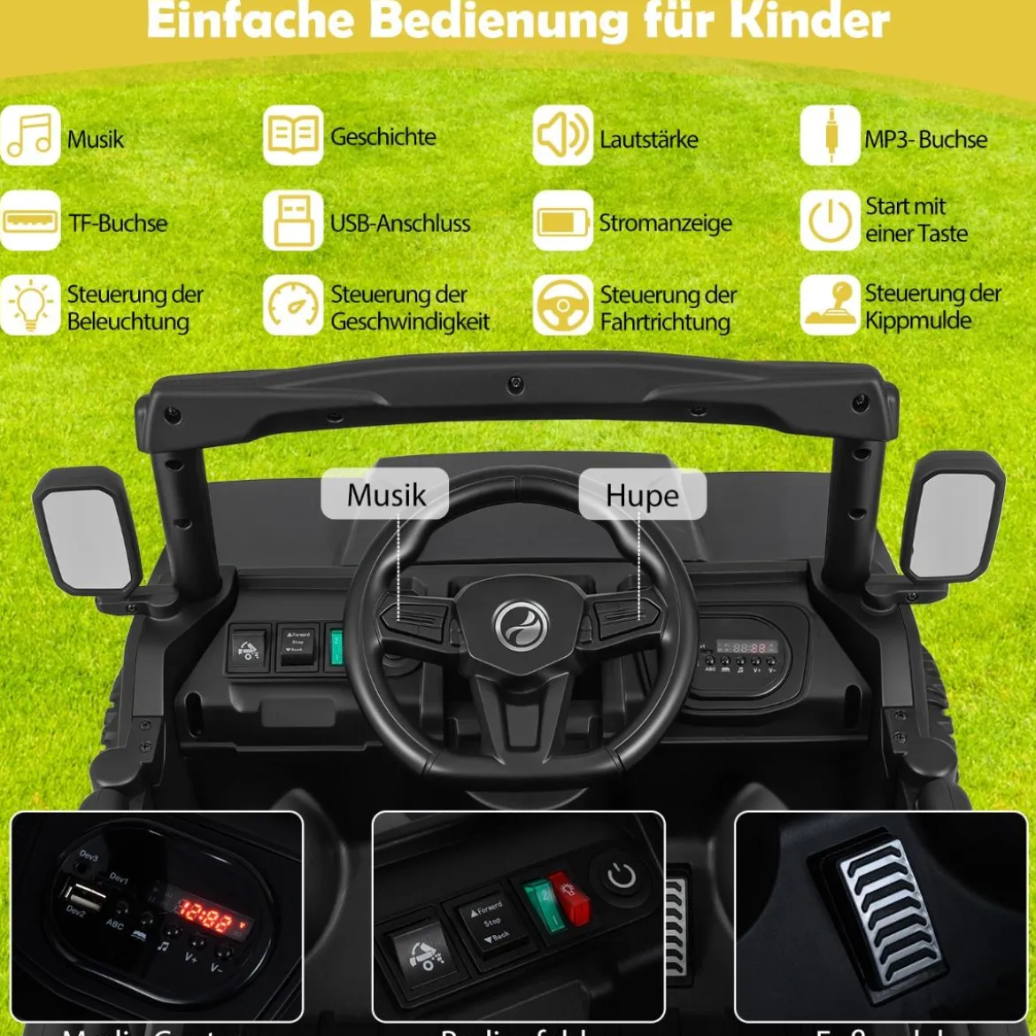 Kinder Elektroauto mit Elektrischer Kippmulde & Fernbedienung 12V Kinderauto Kinderfahrzeug Schwarz