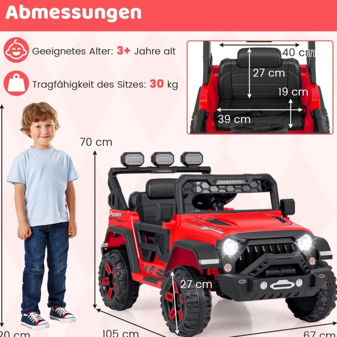 Kinder Elektroauto mit 2,4G Fernbedienung & USB & Licht & Musik 12V Kinderauto Jeep Auto