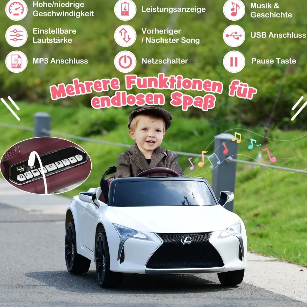 Kinder Elektroauto mit 2,4G Fernsteuerung & LED Leuchten & Musik Lexus LC500 Kinderfahrzeug Weiß