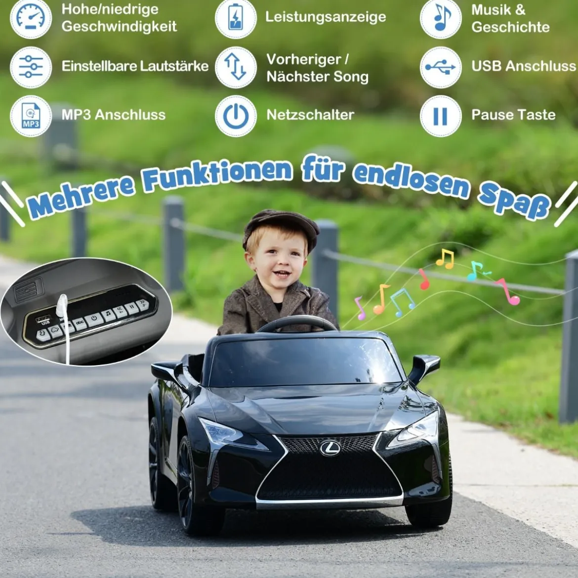 Kinder Elektroauto mit 2,4G Fernsteuerung & LED Leuchten & Musik Lexus LC500 Kinderfahrzeug Schwarz