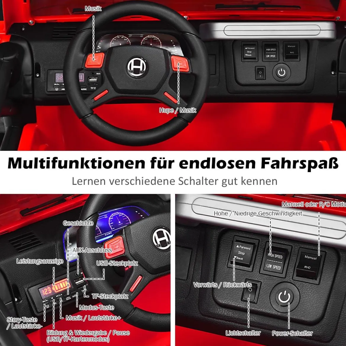 Kinder Elektroauto 2 Sitzer mit 2,4G-Fernbedienung 3 Gang 12V Kinderauto mit MP3 Rot