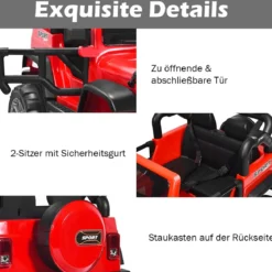 Kinder Elektroauto 2 Sitzer mit 2,4G-Fernbedienung 3 Gang 12V Kinderauto mit MP3 Rot