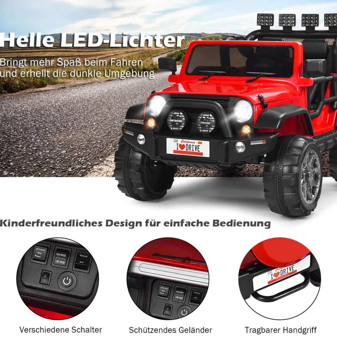 Kinder Elektroauto 2 Sitzer mit 2,4G-Fernbedienung 3 Gang 12V Kinderauto mit MP3 Rot