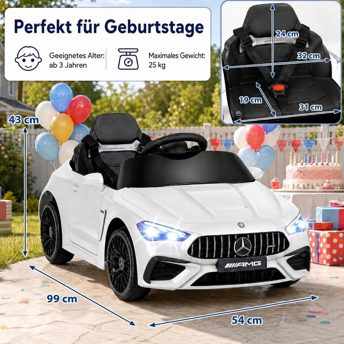Kinder Elektroauto 12V Mercedes-AMG Kinderauto mit LED-Leuchten & 2,4G-Fernbedienung Weiß