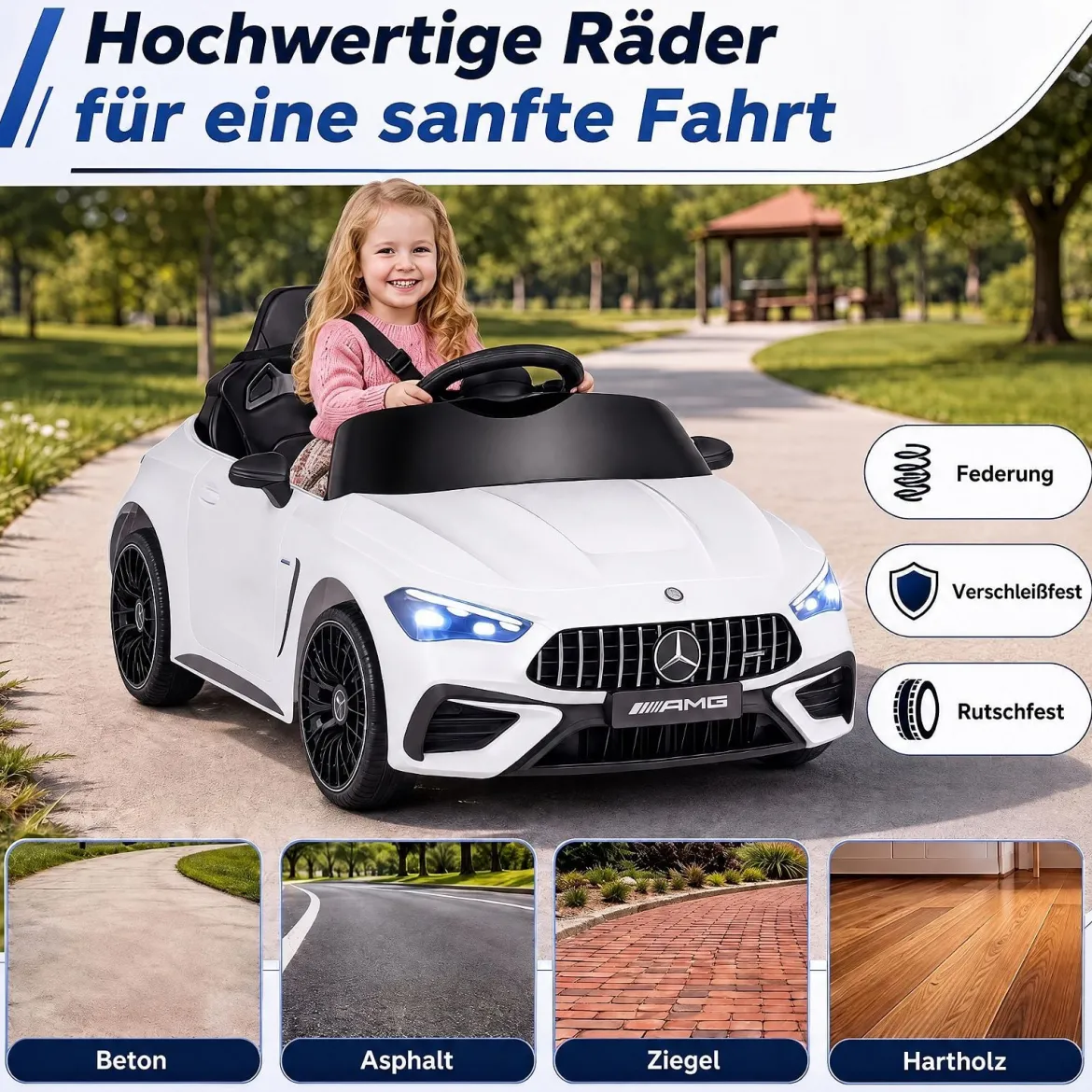 Kinder Elektroauto 12V Mercedes-AMG Kinderauto mit LED-Leuchten & 2,4G-Fernbedienung Weiß