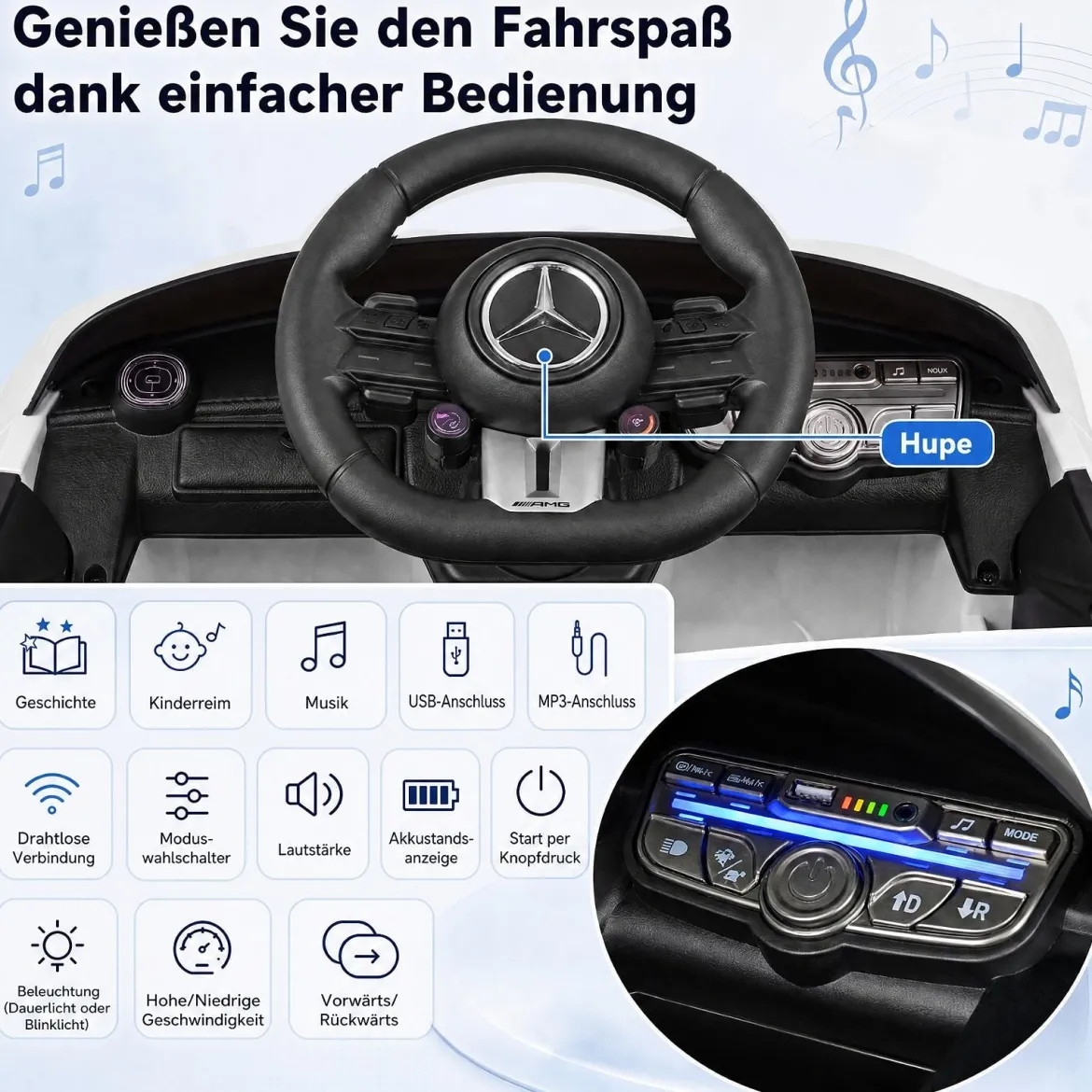 Kinder Elektroauto 12V Mercedes-AMG Kinderauto mit LED-Leuchten & 2,4G-Fernbedienung Weiß