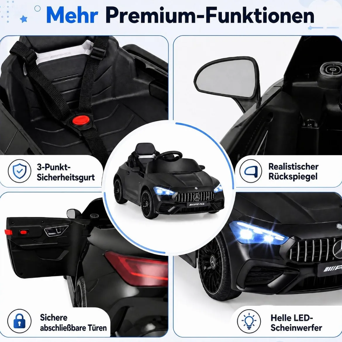 Kinder Elektroauto 12V Mercedes-AMG Kinderauto mit LED-Leuchten & 2,4G-Fernbedienung Schwarz