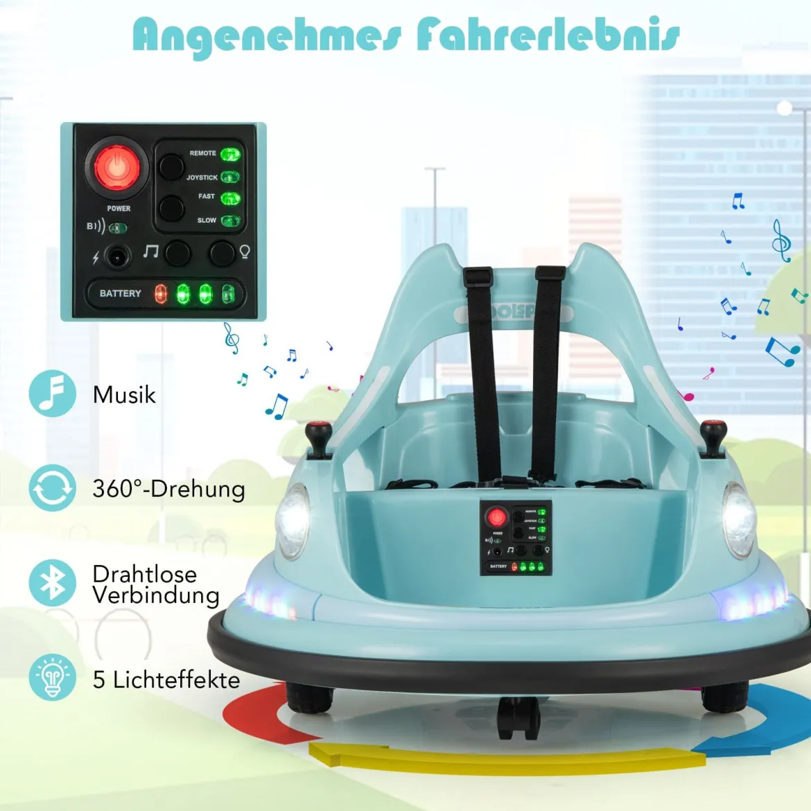 Kinder Elektro-Bumpercar 12V Batterie betrieben mit Fernbedienung & Doppel-Joysticks 360° Drehung Blau