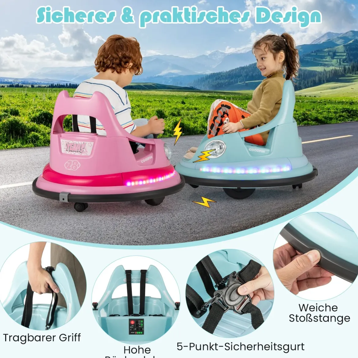 Kinder Elektro-Bumpercar 12V Batterie betrieben mit Fernbedienung & Doppel-Joysticks 360° Drehung Blau