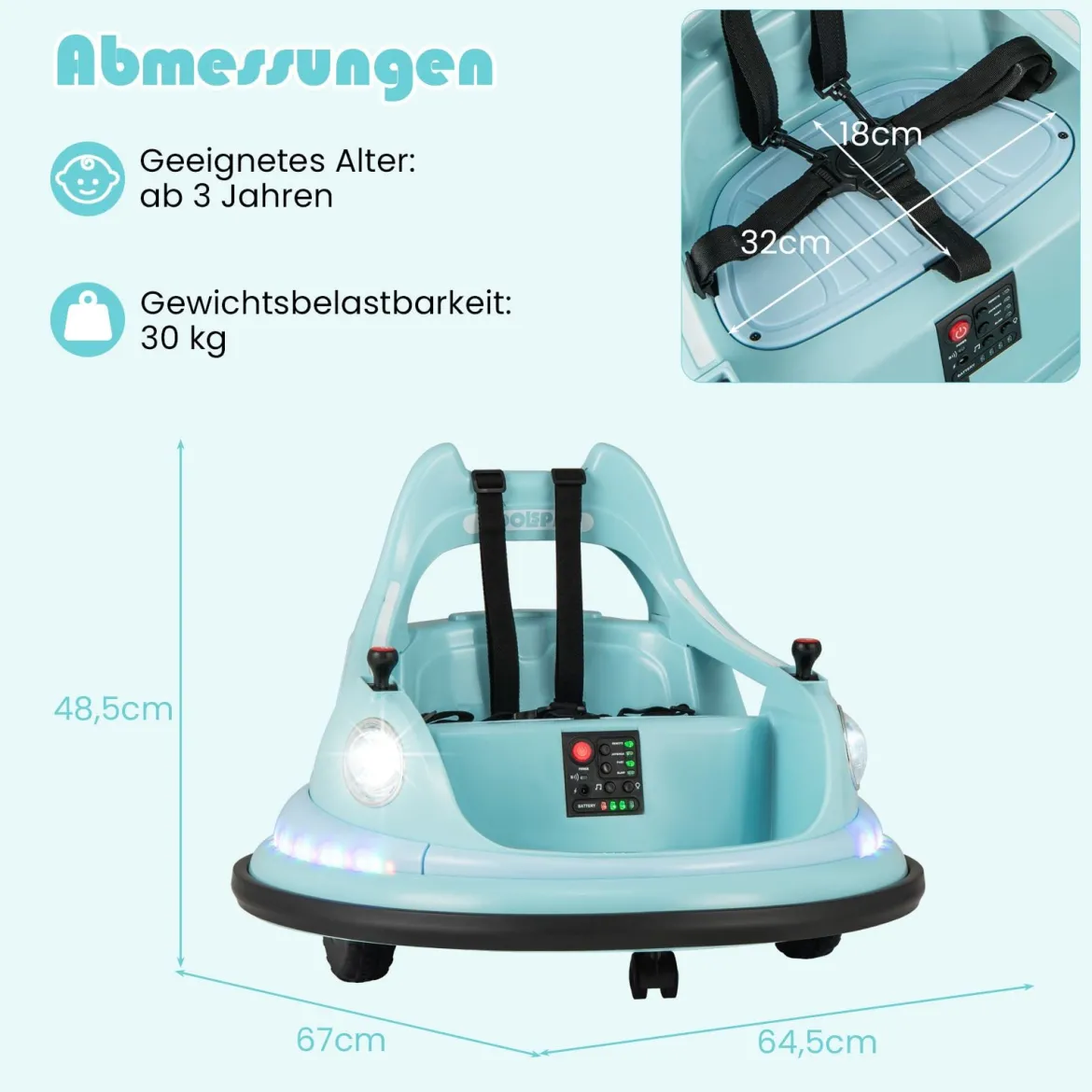 Kinder Elektro-Bumpercar 12V Batterie betrieben mit Fernbedienung & Doppel-Joysticks 360° Drehung Blau