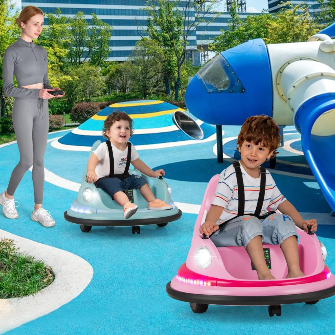 Kinder Elektro-Bumpercar 12V Batterie betrieben mit Fernbedienung & Doppel-Joysticks 360° Drehung Blau