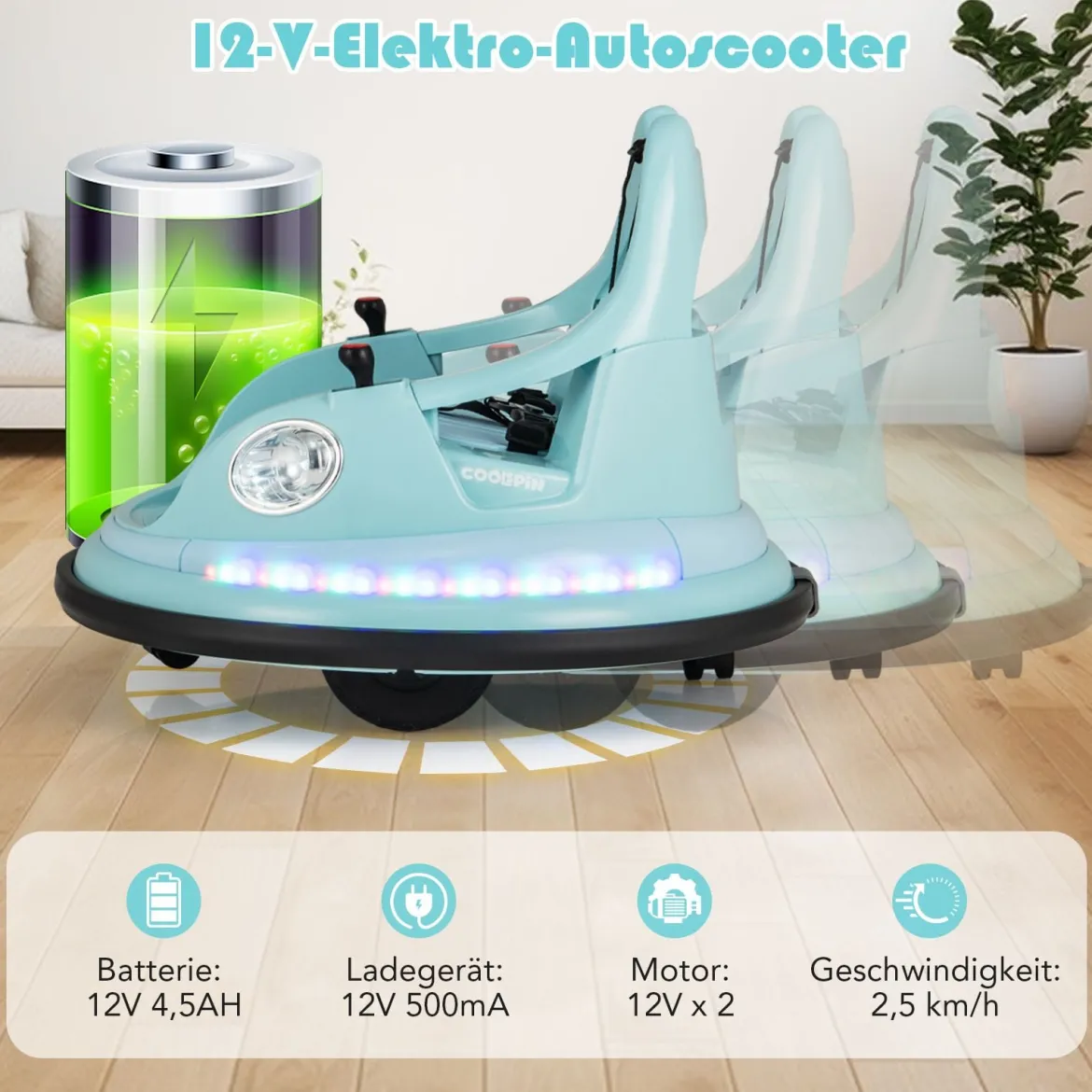 Kinder Elektro-Bumpercar 12V Batterie betrieben mit Fernbedienung & Doppel-Joysticks 360° Drehung Blau