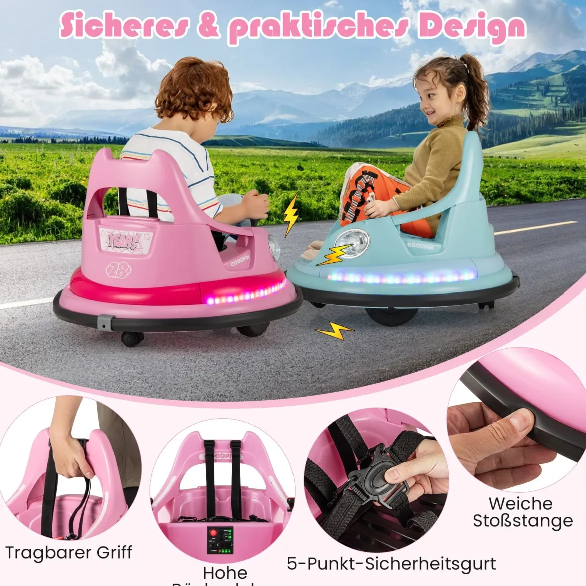 Kinder Elektro-Bumpercar 12V Batterie betrieben mit Fernbedienung & Doppel-Joysticks 360° Drehung Rosa