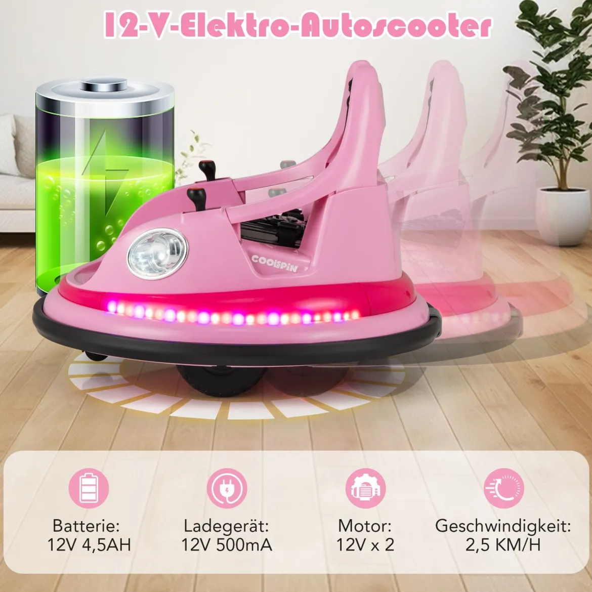 Kinder Elektro-Bumpercar 12V Batterie betrieben mit Fernbedienung & Doppel-Joysticks 360° Drehung Rosa