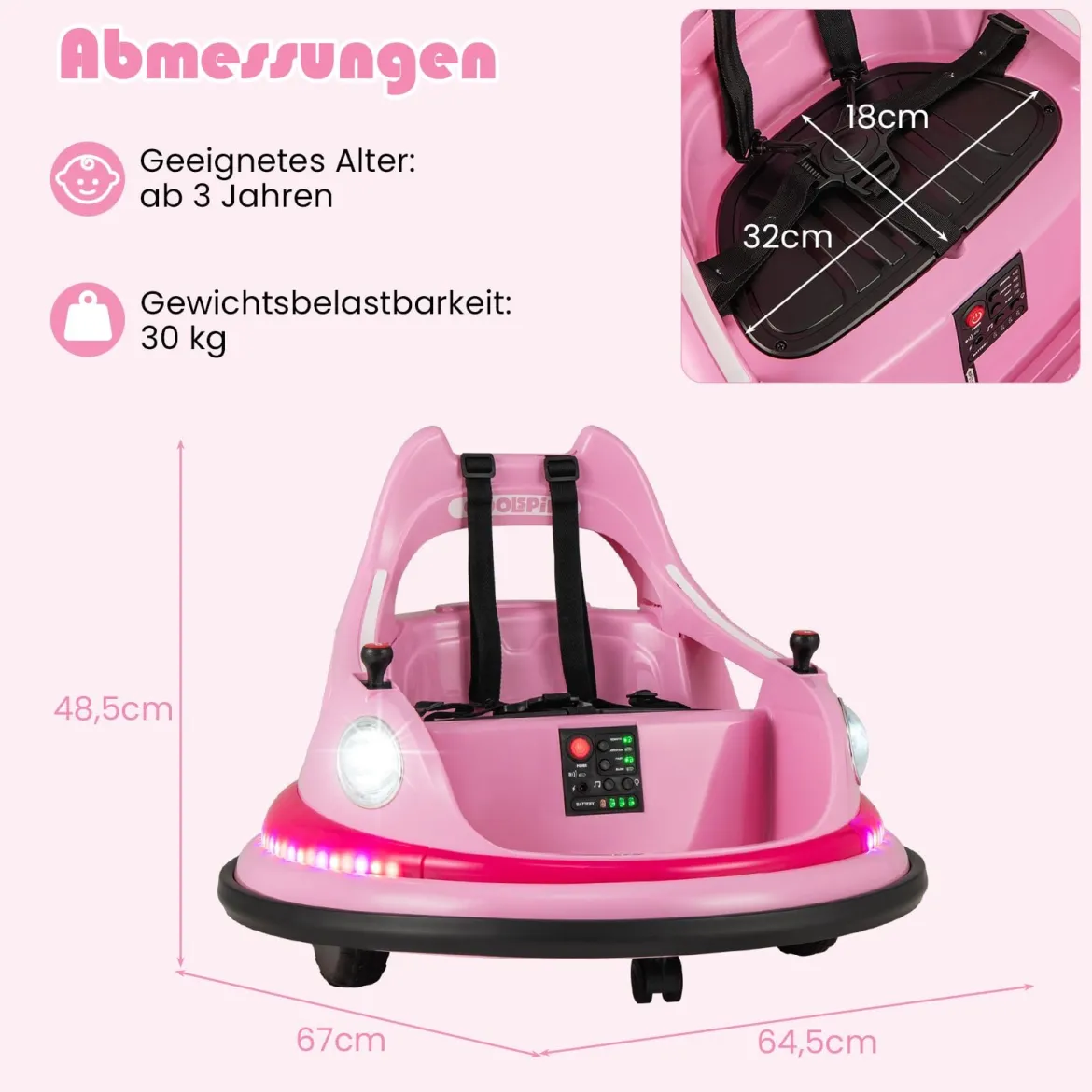 Kinder Elektro-Bumpercar 12V Batterie betrieben mit Fernbedienung & Doppel-Joysticks 360° Drehung Rosa