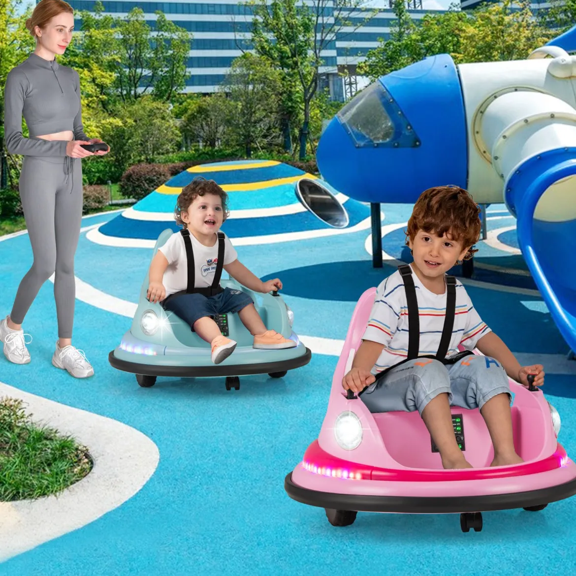 Kinder Elektro-Bumpercar 12V Batterie betrieben mit Fernbedienung & Doppel-Joysticks 360° Drehung Rosa