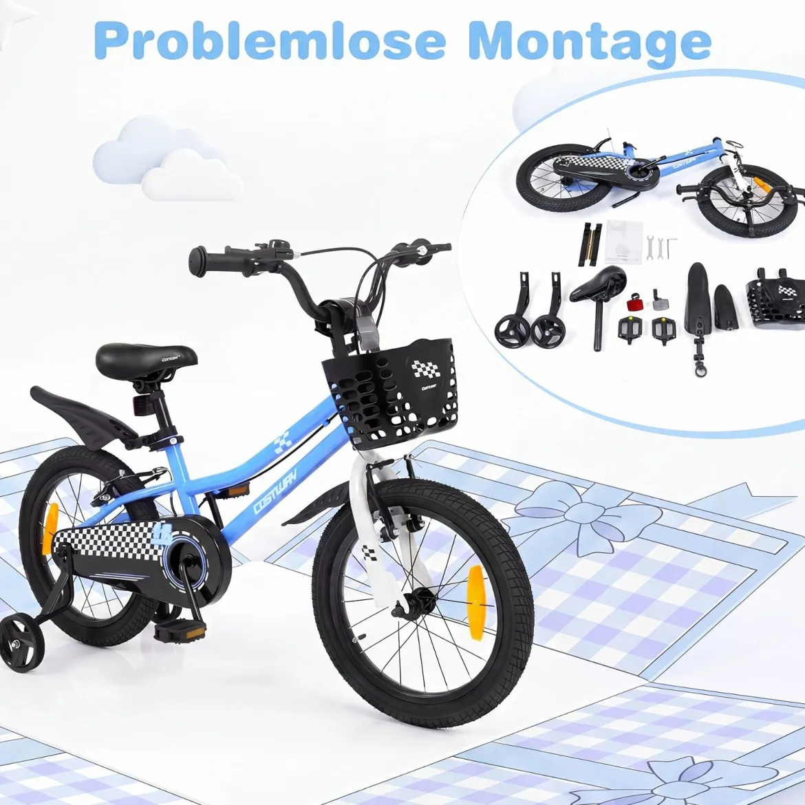 Kinderfahrrad 14/16 Zoll Fahrrad mit Höhenverstellbarem Sattel & Lenker für 3-5/4-7 Jahre Blau/Weiß