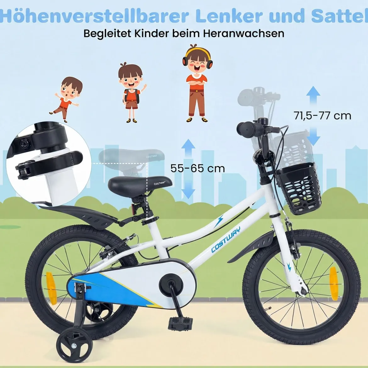 Kinderfahrrad 14/16 Zoll Fahrrad mit Höhenverstellbarem Sattel & Lenker für 3-5/4-7 Jahre Blau/Weiß