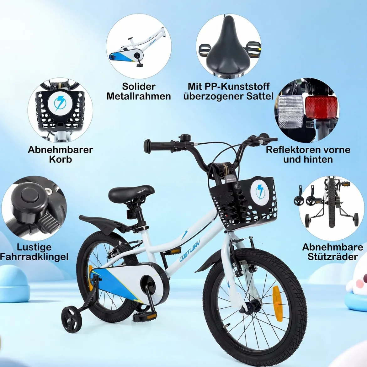 Kinderfahrrad 14/16 Zoll Fahrrad mit Höhenverstellbarem Sattel & Lenker für 3-5/4-7 Jahre Blau/Weiß