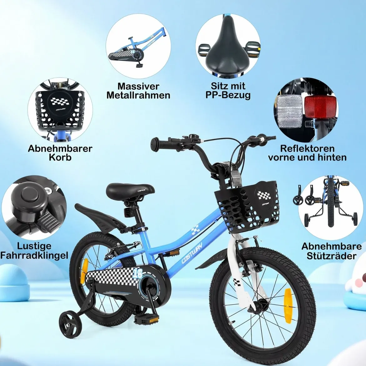 Kinderfahrrad 14/16 Zoll Fahrrad mit Höhenverstellbarem Sattel & Lenker für 3-5/4-7 Jahre Blau/Weiß