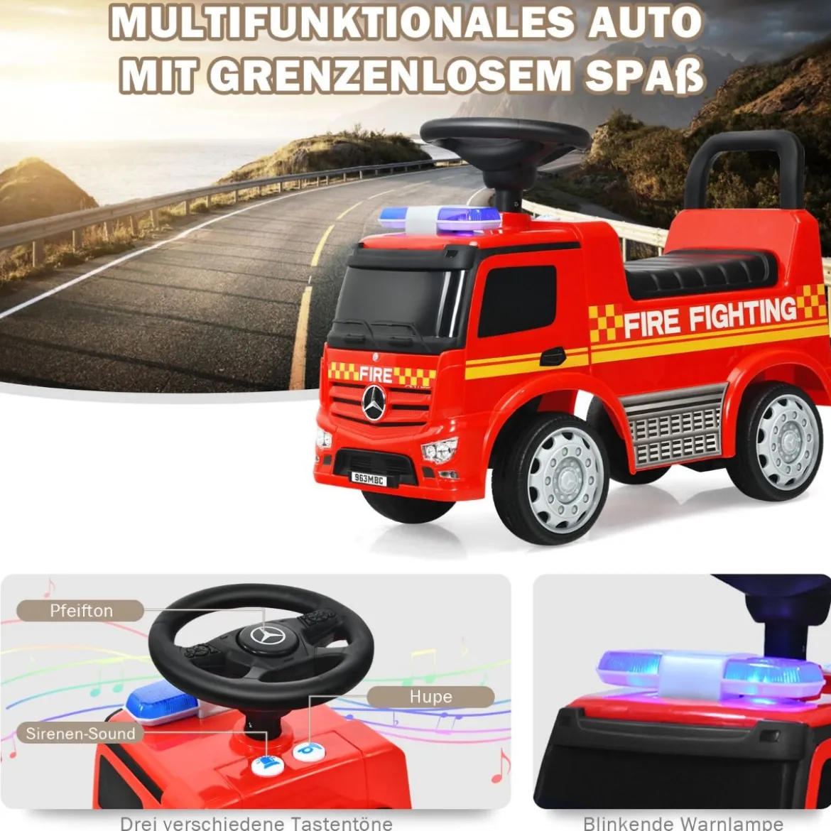 Kinder-Feuerwehrauto lizenzierter Mercedes Benz Schiebeauto 62 x 29 x 43 cm Rot