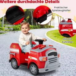 Kinder Feuerwehr Rutschauto 12V Feuerwehrauto mit Schaufel & Feuerlöscher Rutschfahrzeug Rot