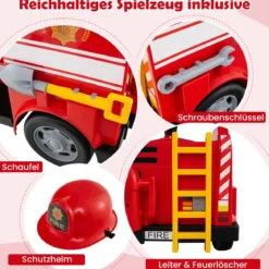 Kinder Feuerwehr Rutschauto 12V Feuerwehrauto mit Schaufel & Feuerlöscher Rutschfahrzeug Rot