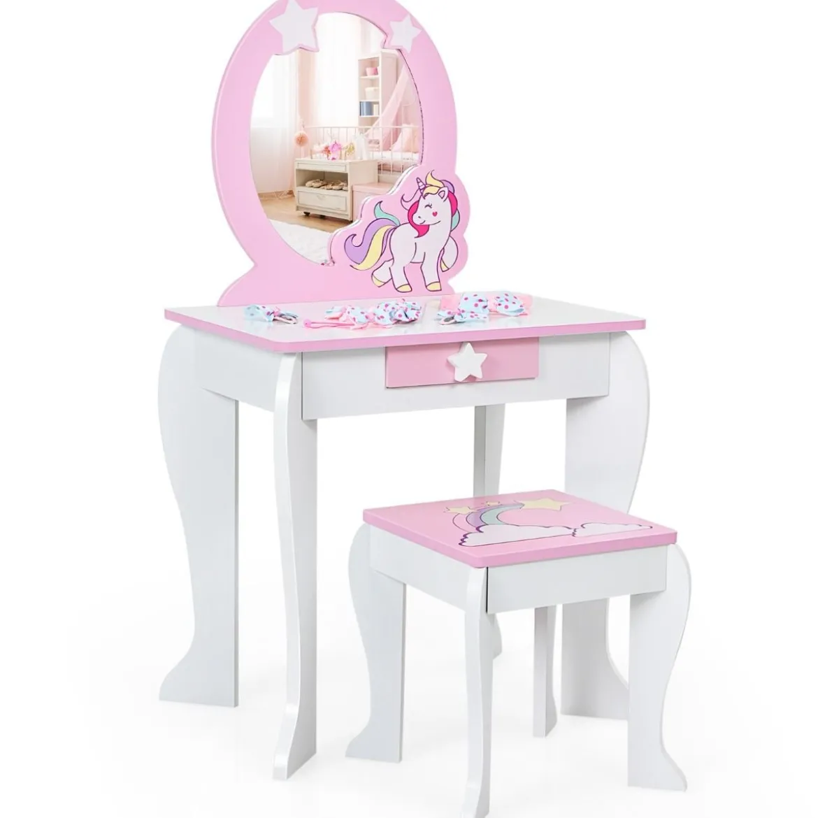 Kinder-Frisiertischset Prinzessinnen-Frisiertisch aus Holz mit Hocker Spiegel Schublade Weiß + Rosa