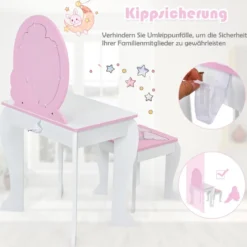 Kinder-Frisiertischset Prinzessinnen-Frisiertisch aus Holz mit Hocker Spiegel Schublade Weiß + Rosa
