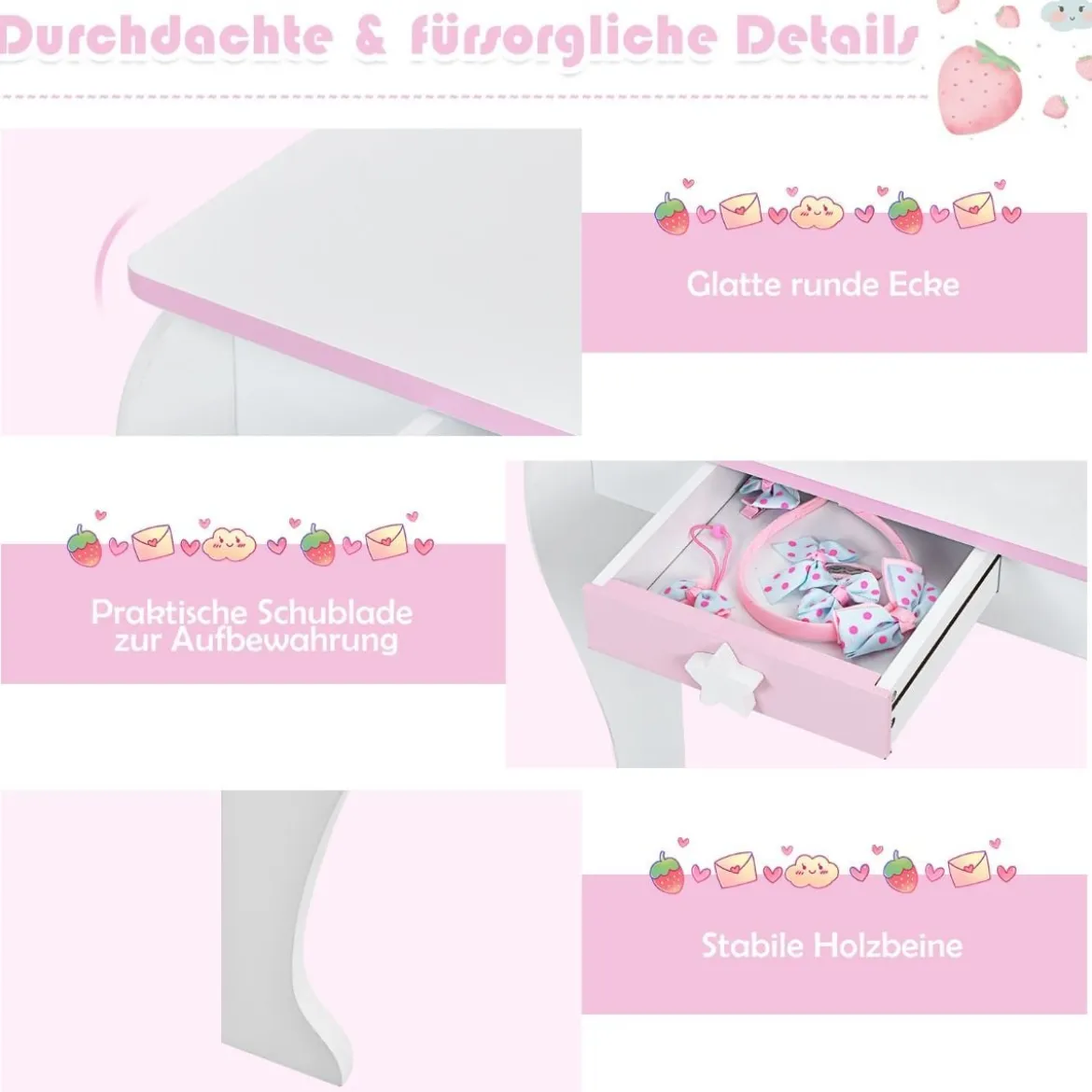Kinder-Frisiertischset Prinzessinnen-Frisiertisch aus Holz mit Hocker Spiegel Schublade Weiß + Rosa