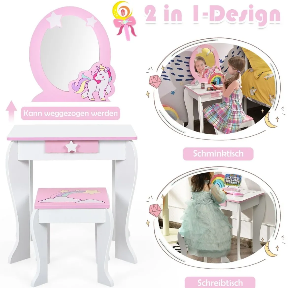 Kinder-Frisiertischset Prinzessinnen-Frisiertisch aus Holz mit Hocker Spiegel Schublade Weiß + Rosa