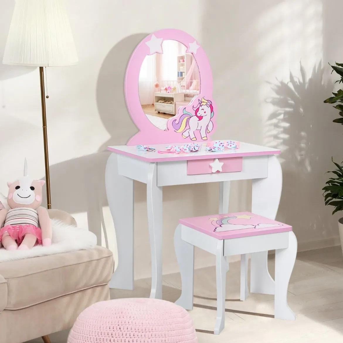 Kinder-Frisiertischset Prinzessinnen-Frisiertisch aus Holz mit Hocker Spiegel Schublade Weiß + Rosa