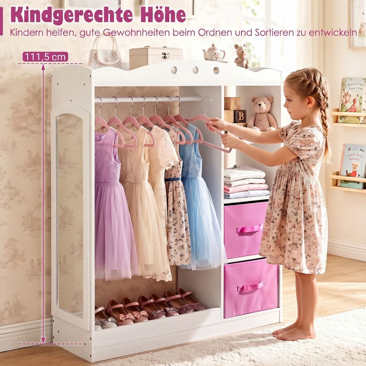 Kindergarderobe mit Spiegel Kinder Kleiderschrank aus Holz mit Offenen Regalen & Kleiderstange Weiß