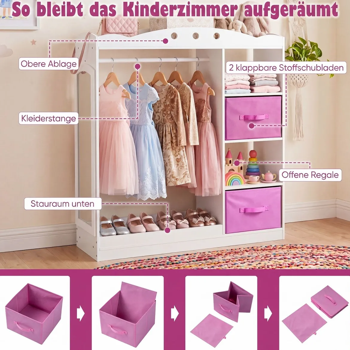 Kindergarderobe mit Spiegel Kinder Kleiderschrank aus Holz mit Offenen Regalen & Kleiderstange Weiß