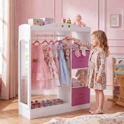 Kindergarderobe mit Spiegel Kinder Kleiderschrank aus Holz mit Offenen Regalen & Kleiderstange Weiß