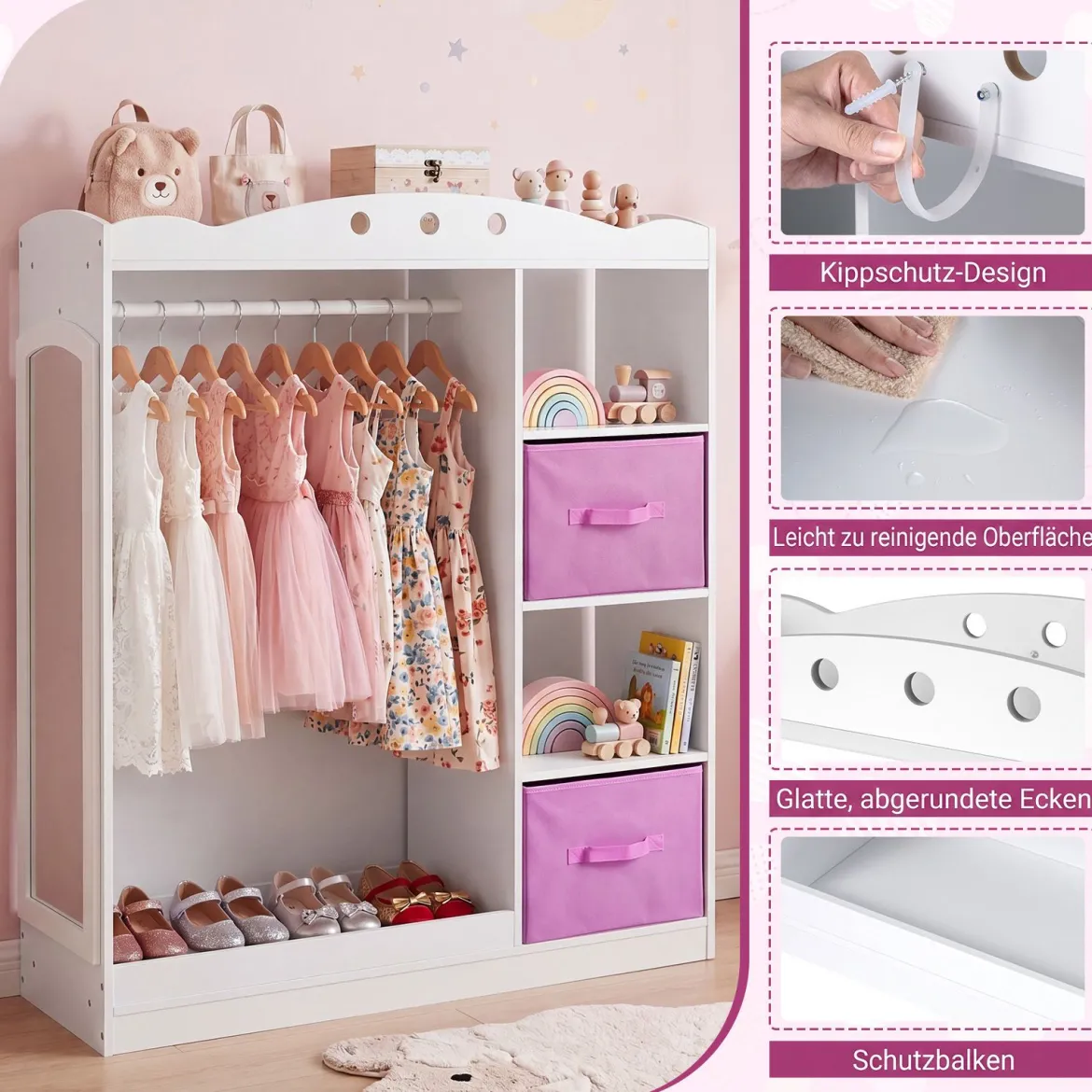 Kindergarderobe mit Spiegel Kinder Kleiderschrank aus Holz mit Offenen Regalen & Kleiderstange Weiß
