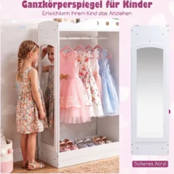 Kindergarderobe mit Spiegel Kinder Kleiderschrank aus Holz mit Offenen Regalen & Kleiderstange Weiß