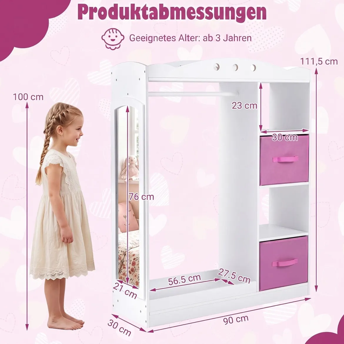 Kindergarderobe mit Spiegel Kinder Kleiderschrank aus Holz mit Offenen Regalen & Kleiderstange Weiß