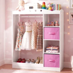 Kindergarderobe mit Spiegel Kinder Kleiderschrank aus Holz mit Offenen Regalen & Kleiderstange Weiß