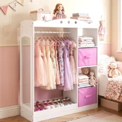 Kindergarderobe mit Spiegel Kinder Kleiderschrank aus Holz mit Offenen Regalen & Kleiderstange Weiß
